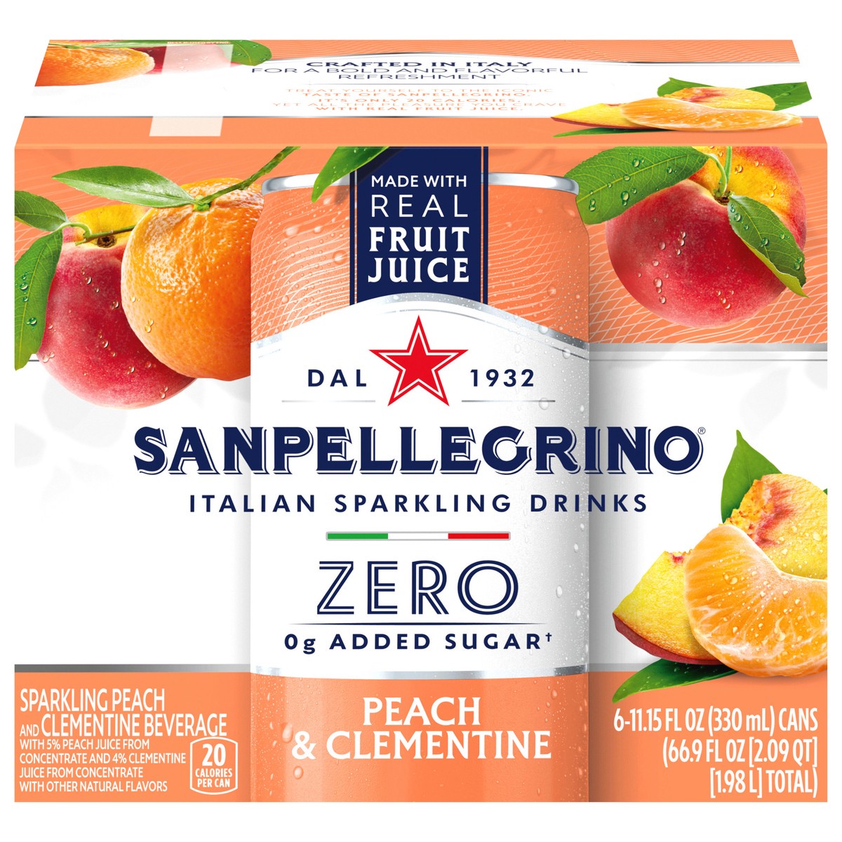 slide 1 of 17, San Pellegrino Zero Grams Added Sugar Italian Sparkling Drinks, Sparkling Peach & Clementine Beverage, 6 Pack of 11.15 Fl Oz Cans, 6 ct; 11.15 fl oz