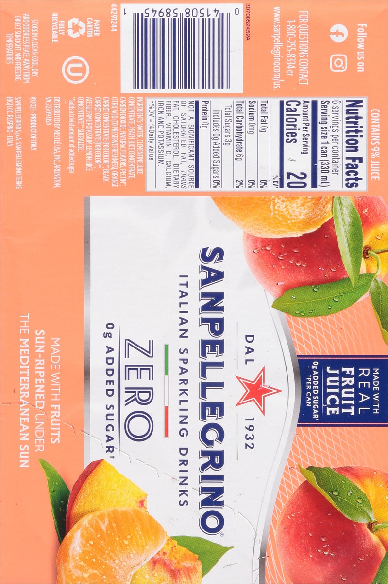 slide 7 of 17, San Pellegrino Zero Grams Added Sugar Italian Sparkling Drinks, Sparkling Peach & Clementine Beverage, 6 Pack of 11.15 Fl Oz Cans, 6 ct; 11.15 fl oz