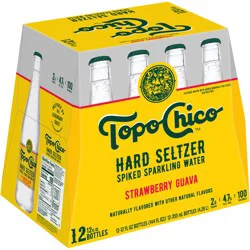 Refresh your hangout with Strawberry Guava Topo Chico Hard Seltzer, a spiked seltzer water inspired by the legendary taste of Topo Chico Mineral Water. It's a refreshing combination of tangy guava and sweet, juicy strawberries.