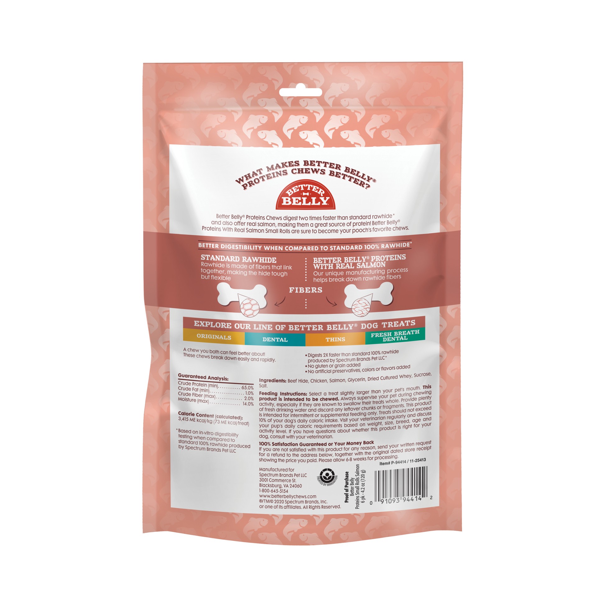 slide 1 of 1, Better Belly Proteins With Real Salmon Small Rolls 6 Count, Digestible Rawhide For Dogs, 0.31 lb