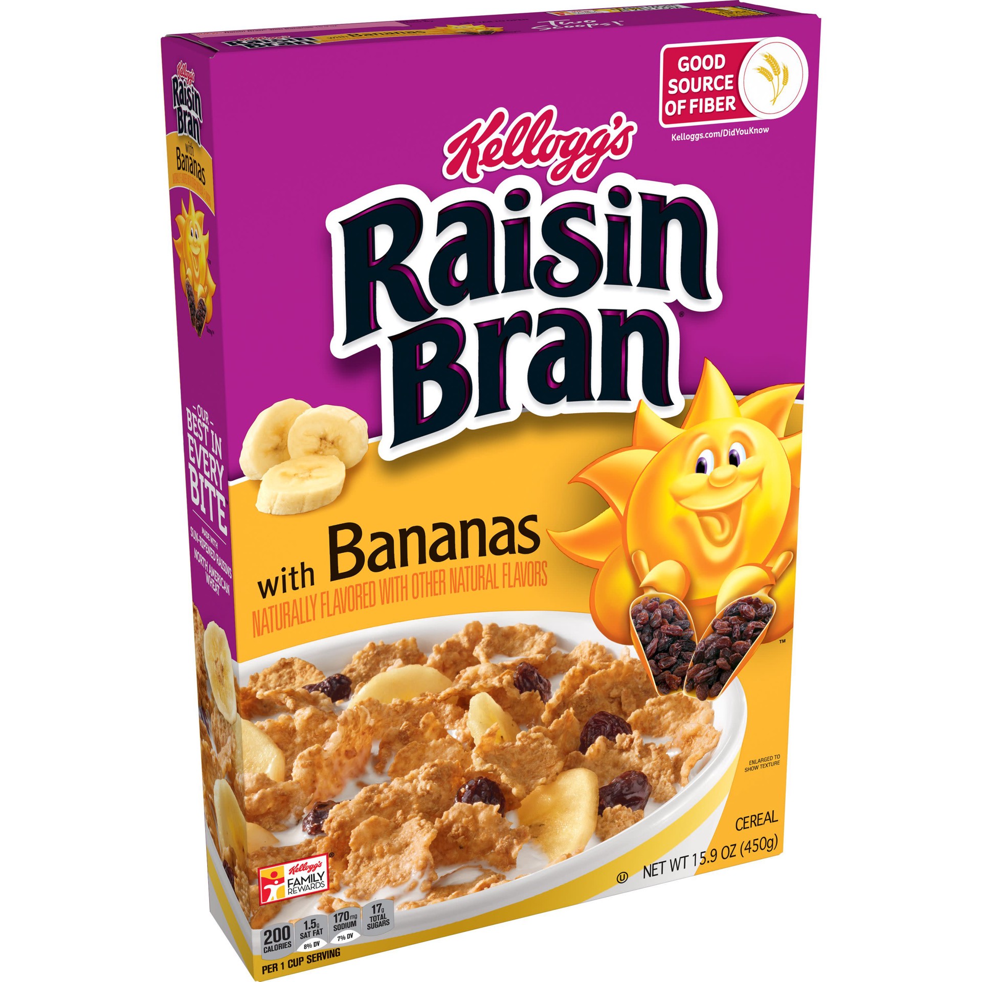 slide 1 of 5, Raisin Bran Kellogg's Raisin Bran Breakfast Cereal, Fiber Cereal, Made with Real Fruit, Original with Bananas, 15.9oz Box, 1 Box, 15.9 oz