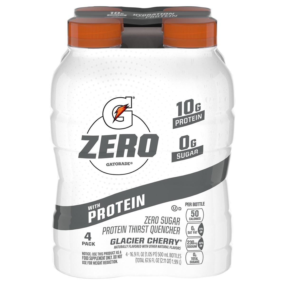 slide 1 of 10, Gatorade Zero Zero Sugar Protein Thirst Quencher Glacier Cherry 16.9 Fl Oz 4 Count Bottles, 4 ct