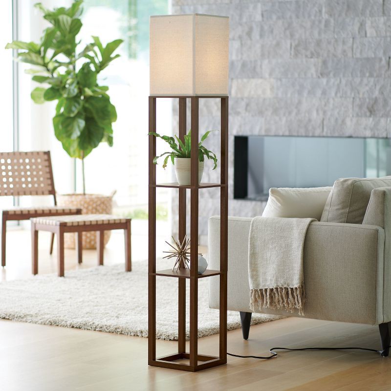 slide 5 of 6, Shelf Floor Lamp Brown - Threshold™: ETL Listed, Linen Shade, MDF Body, 62.5" Tall, 1 ct