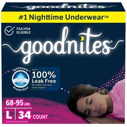 Goodnites Girls' Disposable Nighttime Underwear - Size L - 34ct