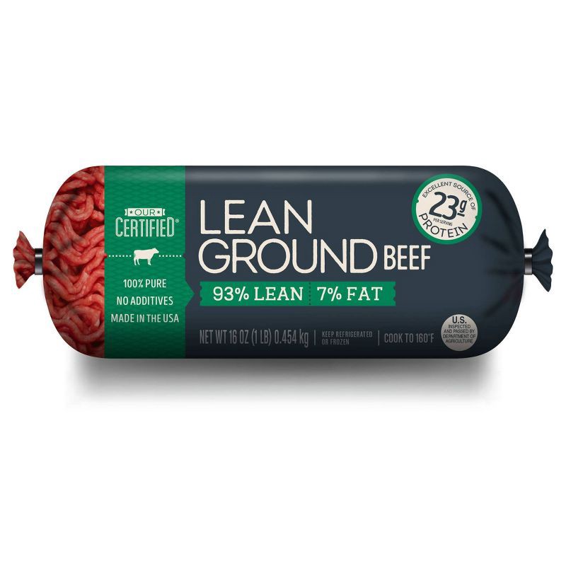 slide 1 of 6, Our Certified 93/7 Lean Ground Beef Roll - 1lb, 1 lb