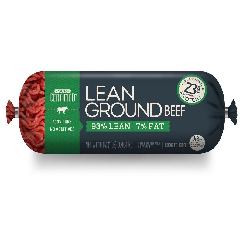 slide 1 of 6, Our Certified 93/7 Lean Ground Beef Roll - 1lb, 1 lb