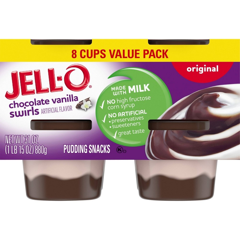 slide 3 of 6, JELL-O Original Chocolate Vanilla Swirls Pudding, 31 oz, 8 ct