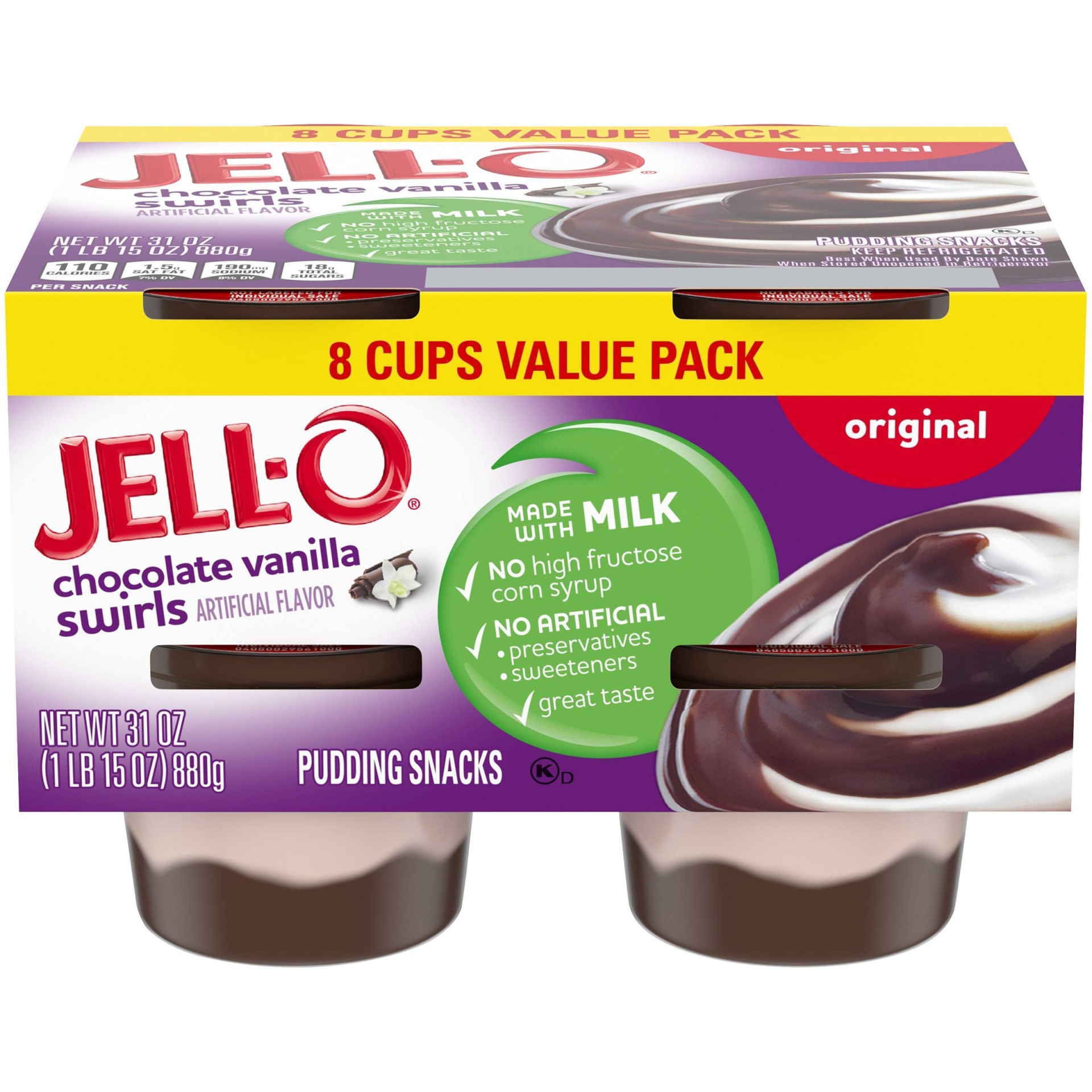 slide 1 of 6, JELL-O Original Chocolate Vanilla Swirls Pudding, 31 oz, 8 ct