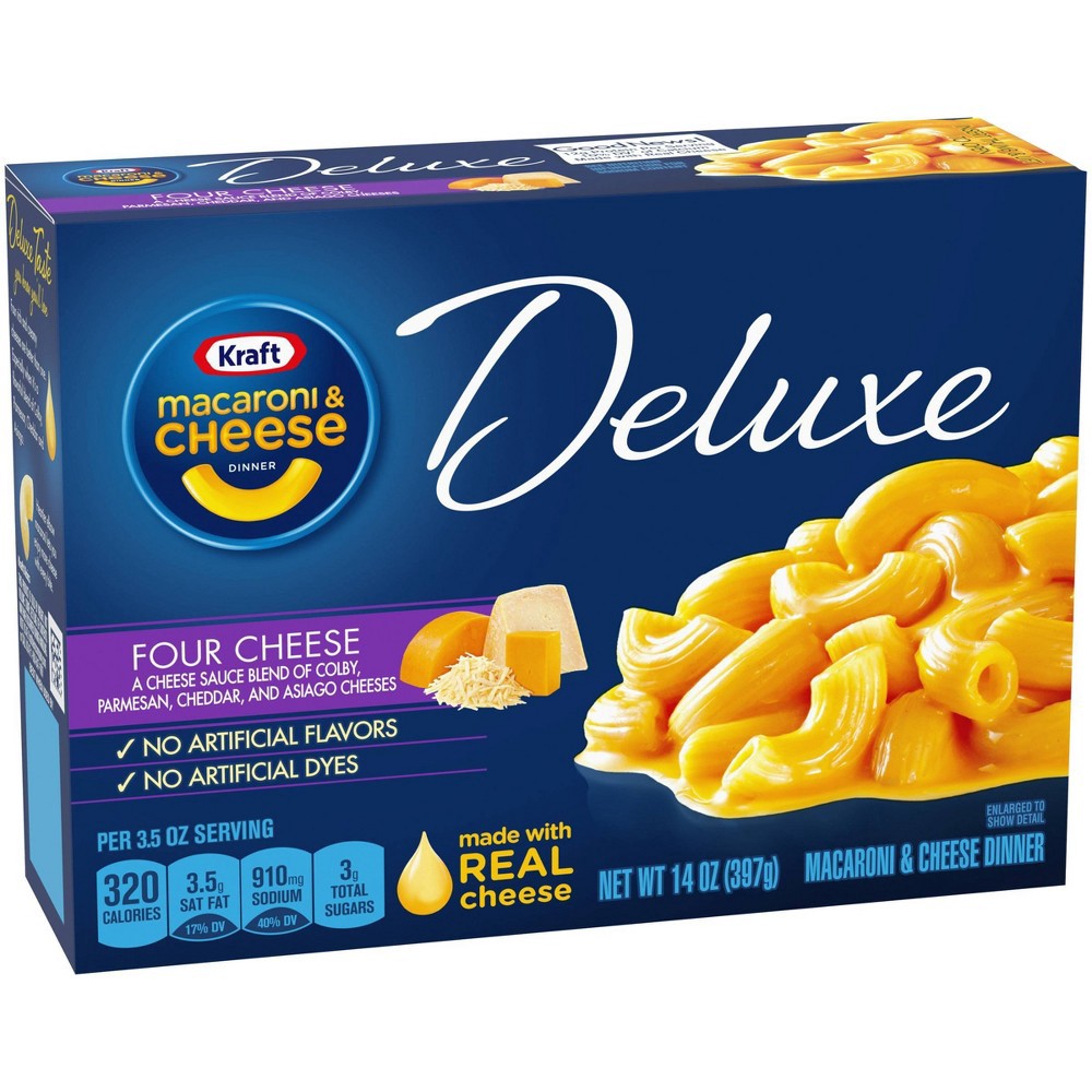 slide 6 of 12, Kraft Deluxe Four Cheese Macaroni & Cheese Dinner, 14 oz