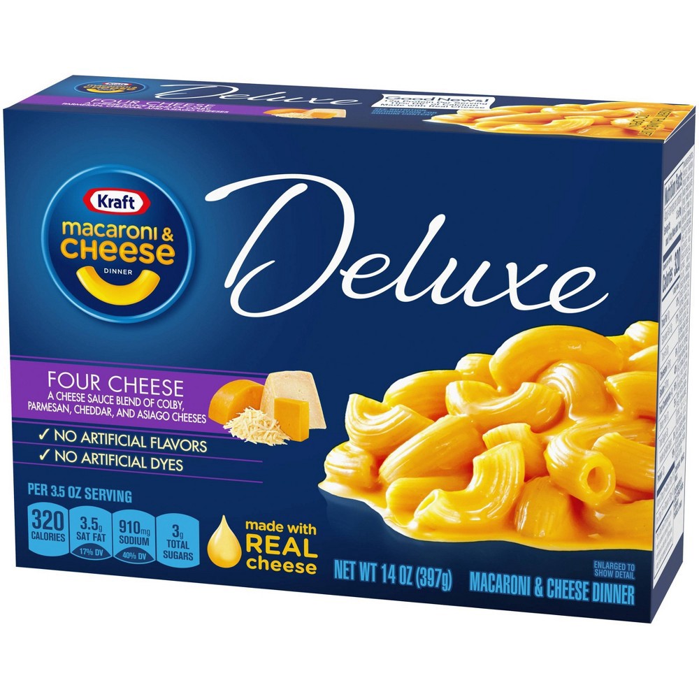 slide 7 of 12, Kraft Deluxe Four Cheese Macaroni & Cheese Dinner, 14 oz