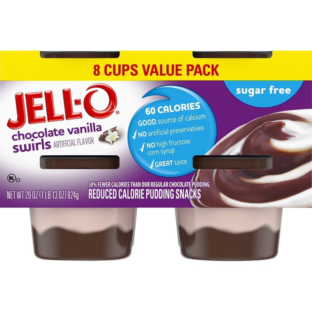 slide 6 of 6, JELL-O Sugar Free Chocolate Vanilla Swirls Pudding, 29 oz, 8 ct