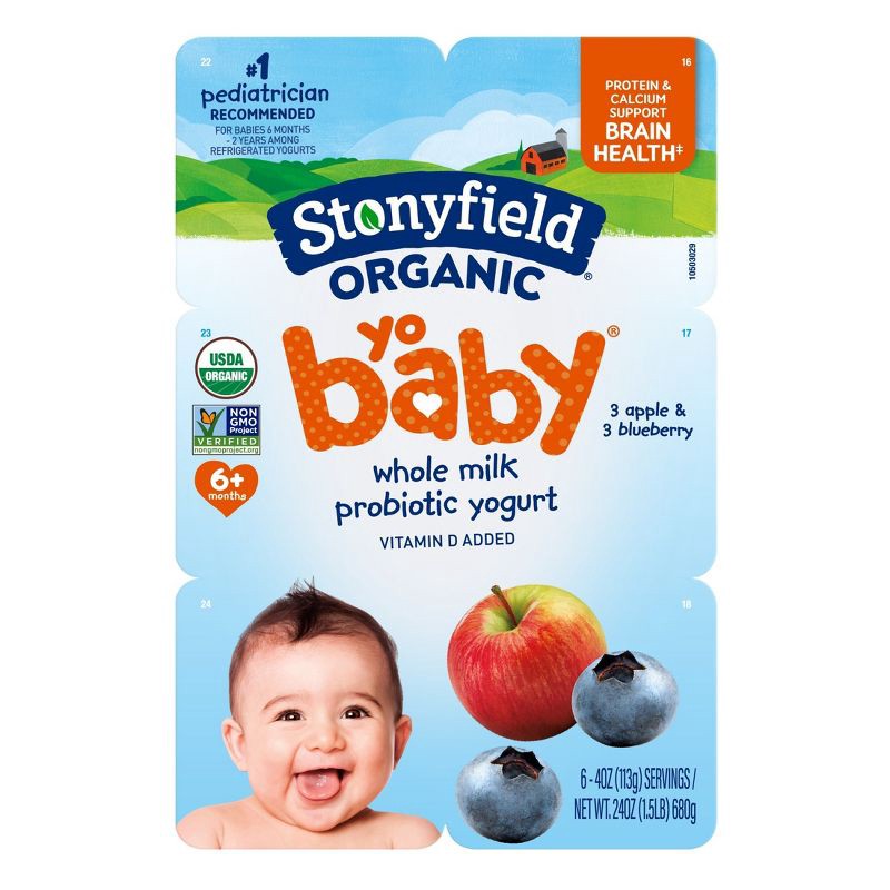 slide 2 of 12, Stonyfield Organic YoBaby Apple & Blueberry Whole Milk Baby Probiotic Yogurt - 24oz/6ct, 6 ct; 24 oz