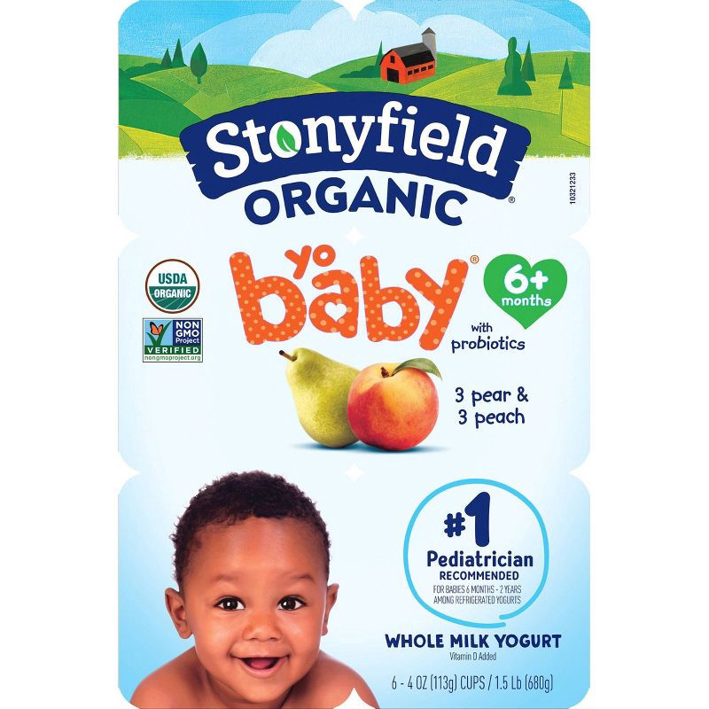 slide 1 of 11, Stonyfield Organic YoBaby Pear & Peach Whole Milk Kids' Probiotic Yogurt - 6ct/4oz Cups, 6 ct; 4 oz