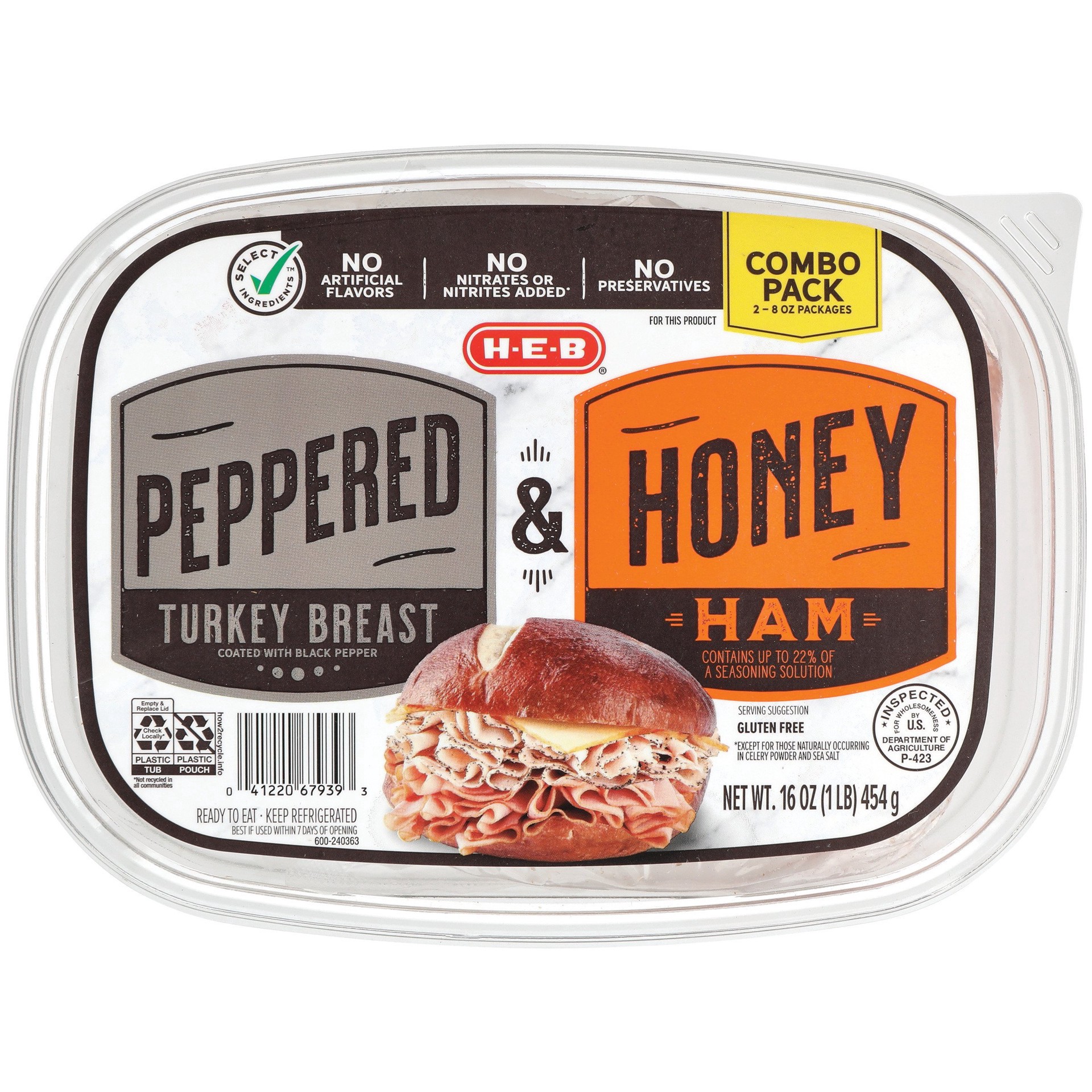 slide 1 of 1, H-E-B Peppered Turkey Breast & Honey Ham Lunch Meat - Combo Pack, 16 oz