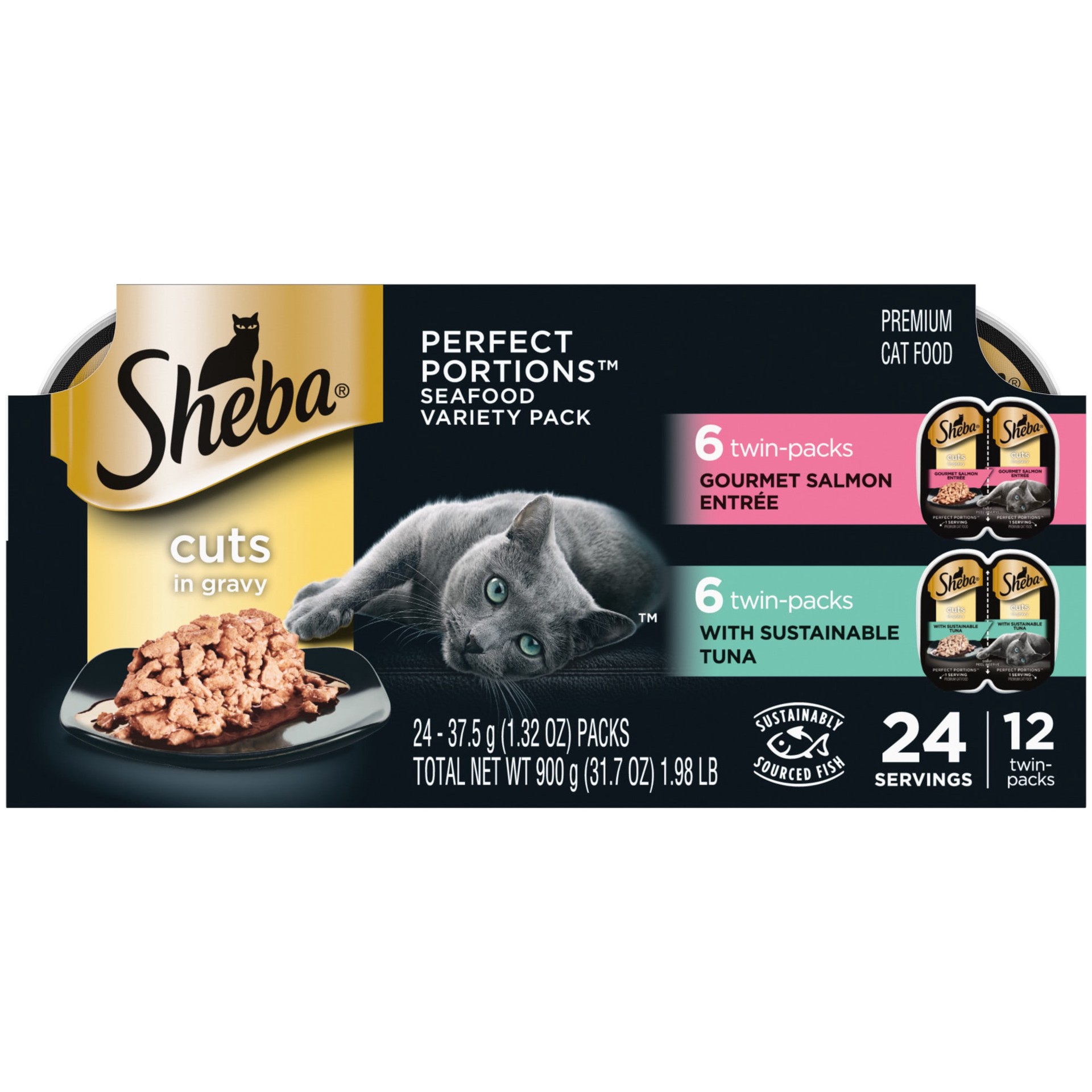 slide 1 of 3, Sheba Perfect Portions Seafood Cuts in Gravy with Sustainable Salmon/Tuna Cat Food Value Pack 24 - 1.32 oz Packs, 24 ct