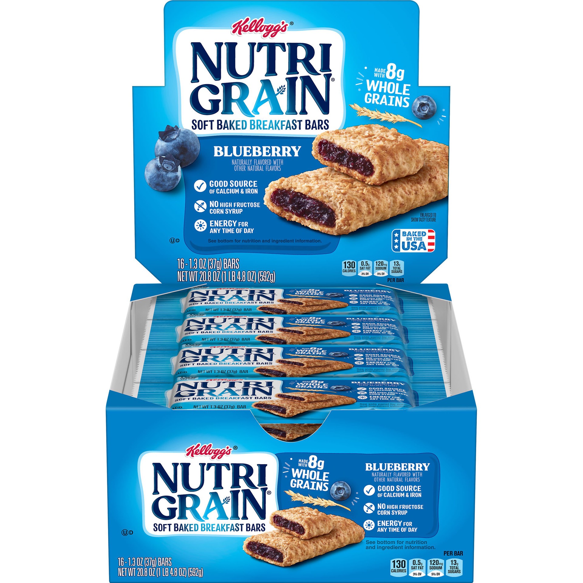 slide 1 of 5, Nutri-Grain Soft Baked Breakfast Bars, Made with Whole Grains, Kids Snacks, Blueberry, 20.8oz Tray, 16 Bars, 20.8 oz