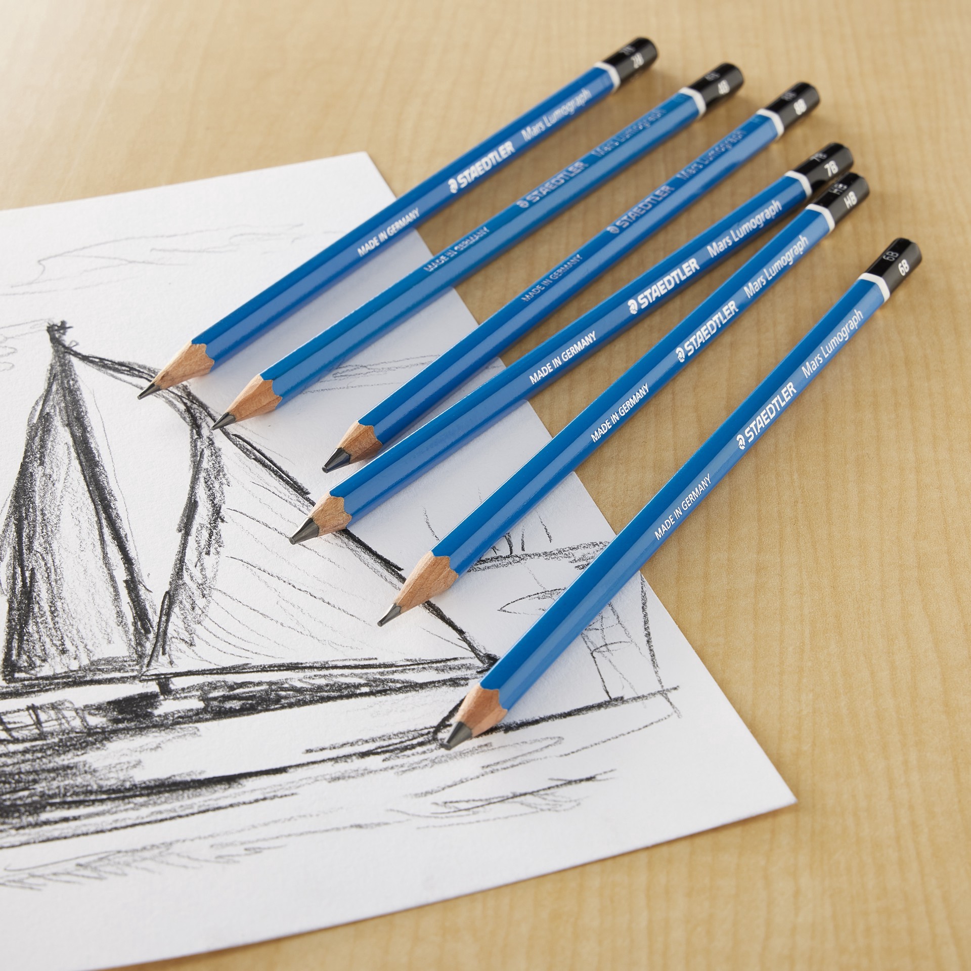 slide 3 of 3, Staedtler Mars Lumograph Drawing Pencils, Set Of 6, 8b, 7b, 6b, 4b, 2b, hb