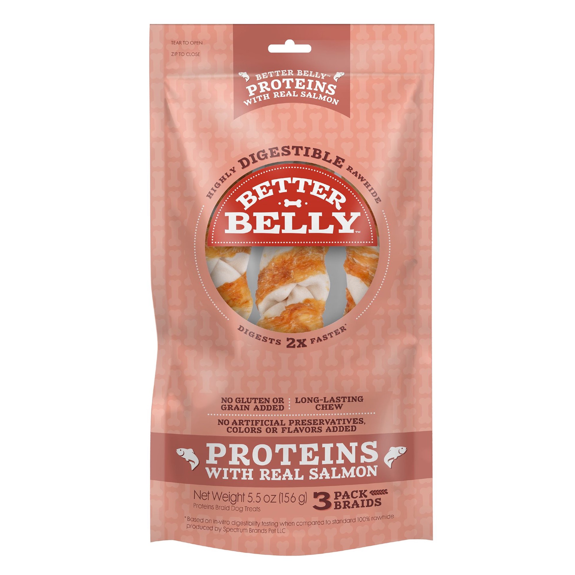 slide 1 of 1, Better Belly Proteins Rawhide Braids Dog Treats - Real Salmon, 3 ct