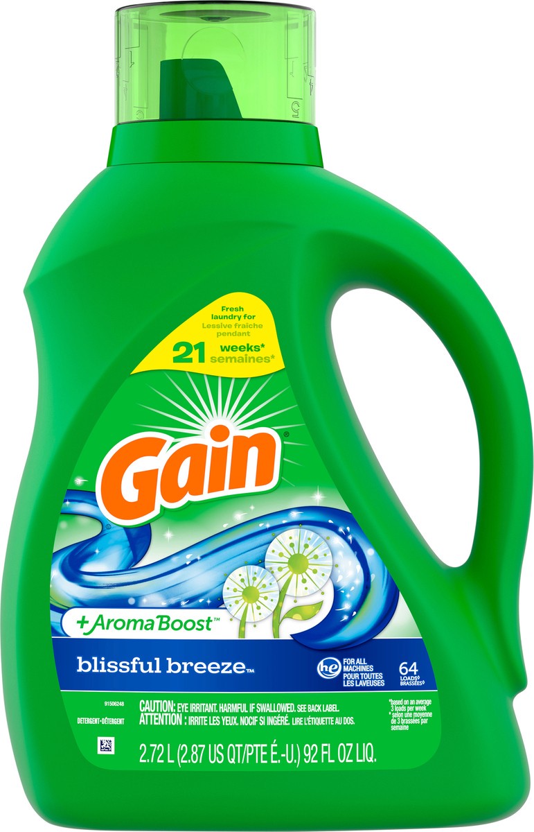slide 2 of 4, Gain + Aroma Boost Liquid Laundry Detergent, Blissful Breeze Scent, 64 Loads, 92 fl oz, HE Compatible, 92 oz