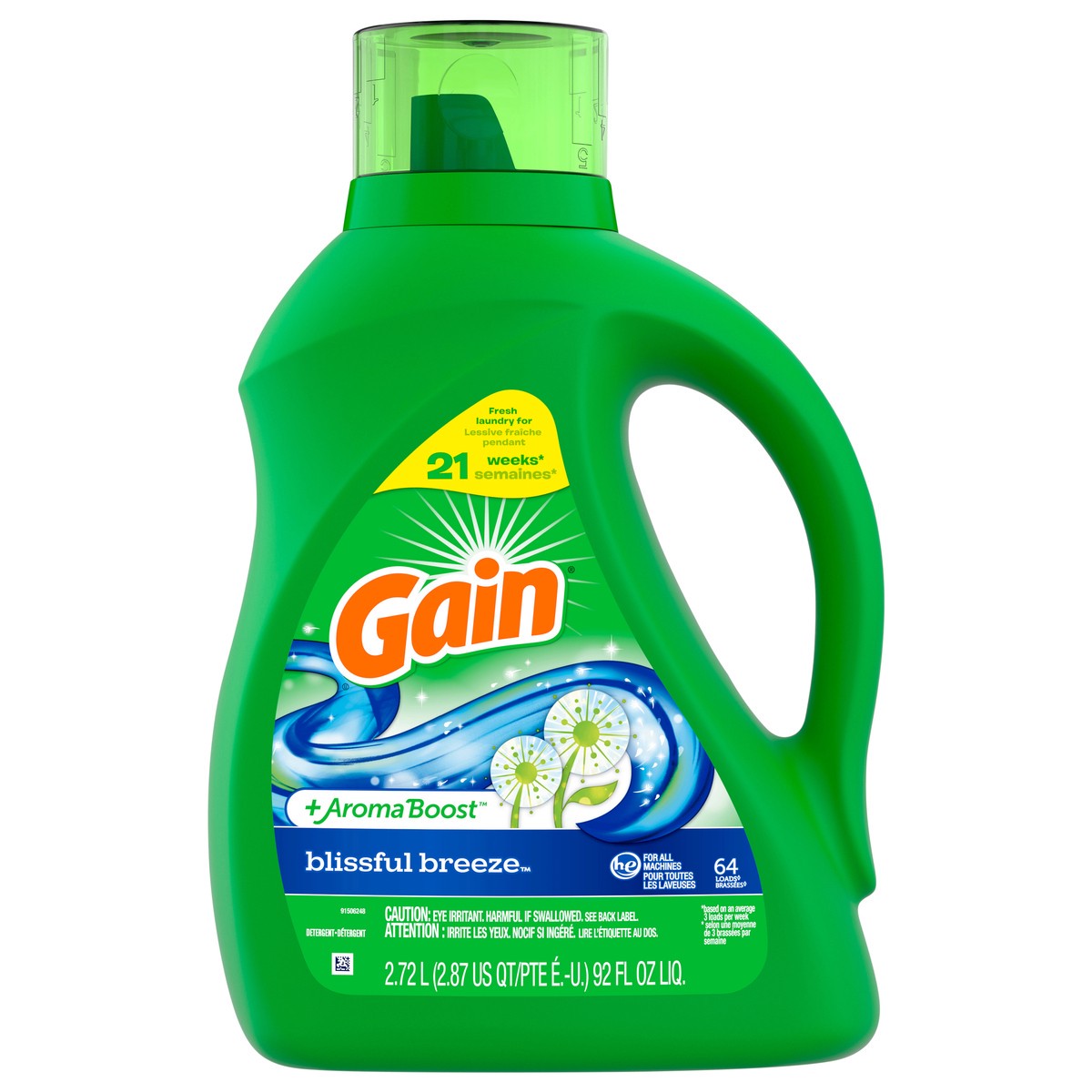 slide 1 of 4, Gain + Aroma Boost Liquid Laundry Detergent, Blissful Breeze Scent, 64 Loads, 92 fl oz, HE Compatible, 92 oz