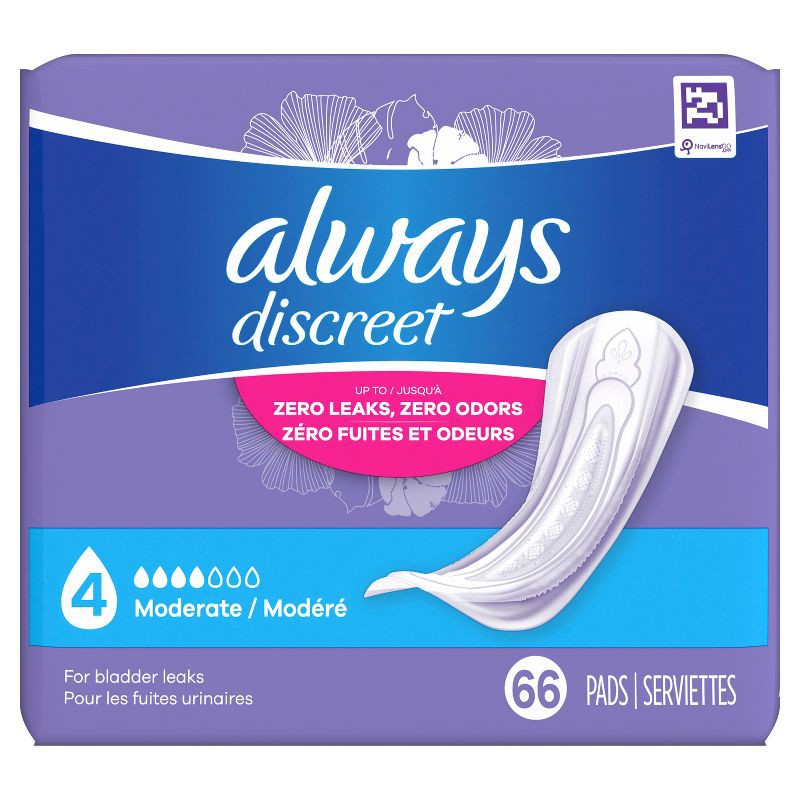 slide 2 of 8, Always Discreet Incontinence & Postpartum Incontinence Pads for Women - Moderate Absorbency - Size 4 - 66ct, 66 ct