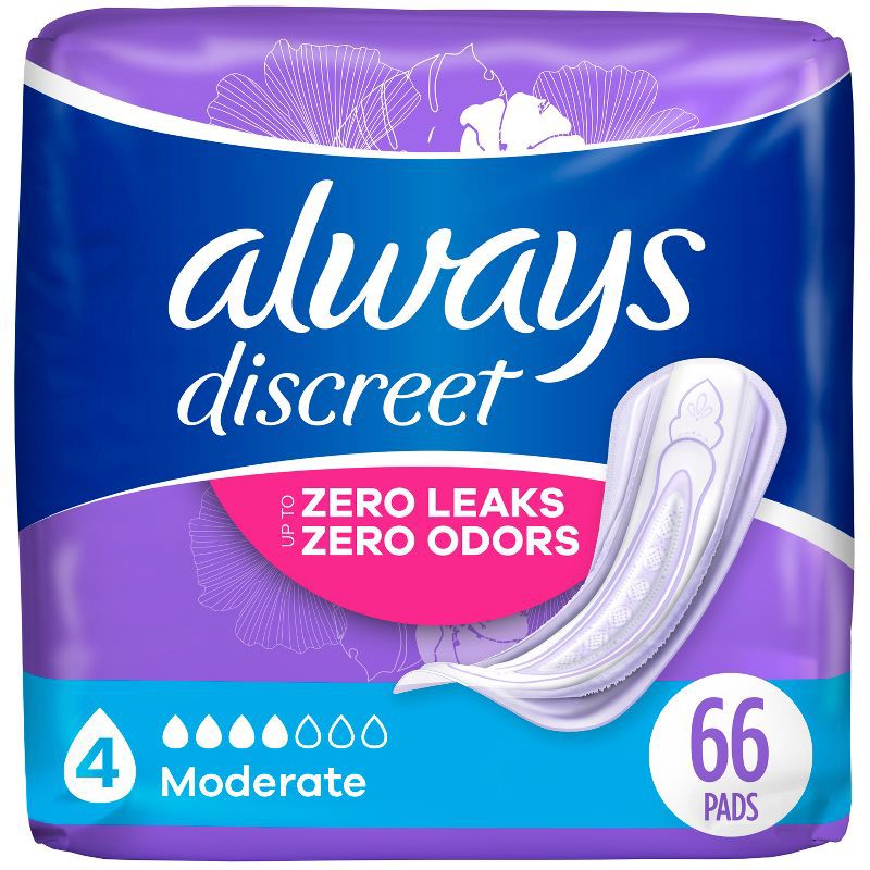 slide 1 of 8, Always Discreet Incontinence & Postpartum Incontinence Pads for Women - Moderate Absorbency - Size 4 - 66ct, 66 ct