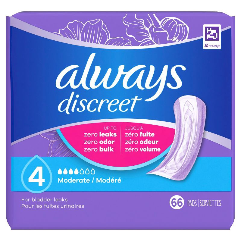 slide 8 of 10, Always Discreet Incontinence & Postpartum Incontinence Pads for Women - Moderate Absorbency - Size 4 - 66ct, 4 x 66 ct