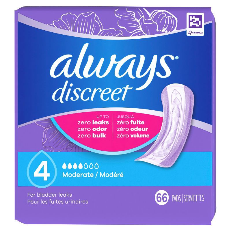 slide 9 of 10, Always Discreet Incontinence & Postpartum Incontinence Pads for Women - Moderate Absorbency - Size 4 - 66ct, 4 x 66 ct