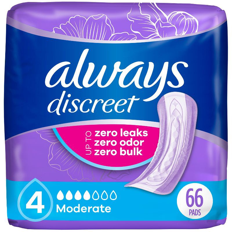 slide 1 of 10, Always Discreet Incontinence & Postpartum Incontinence Pads for Women - Moderate Absorbency - Size 4 - 66ct, 4 x 66 ct