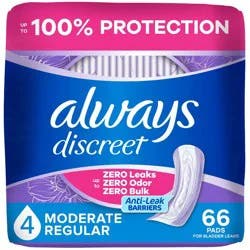 Always Discreet Incontinence & Postpartum Incontinence Pads for Women - Moderate Absorbency - Size 4 - 66ct