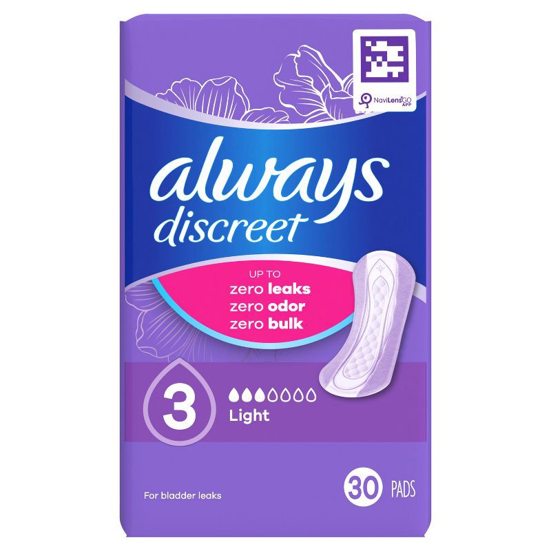 slide 10 of 10, Always Discreet Incontinence & Postpartum Incontinence Pads - Light Absorbency - 30ct, 30 ct