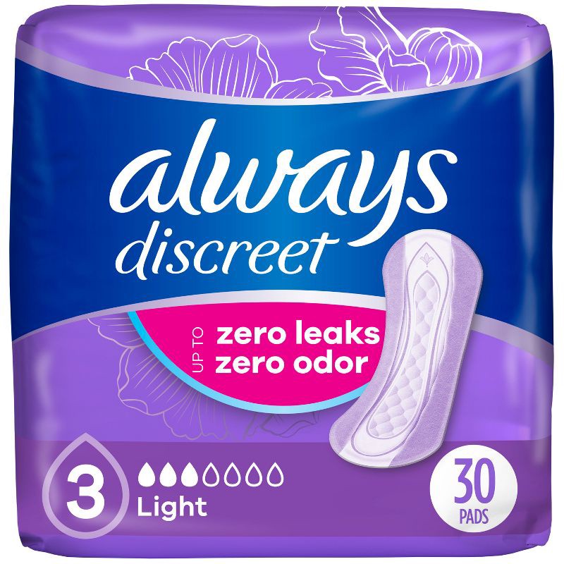 slide 1 of 10, Always Discreet Incontinence & Postpartum Incontinence Pads - Light Absorbency - 30ct, 30 ct