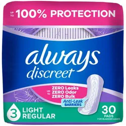Always Discreet Incontinence & Postpartum Incontinence Pads - Light Absorbency - 30ct