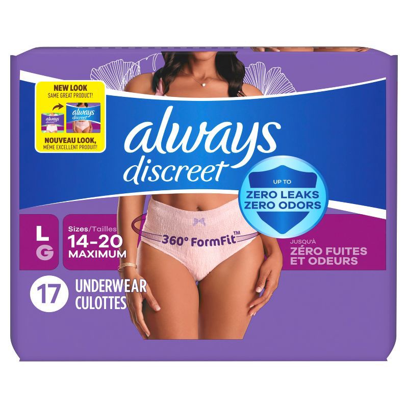 slide 2 of 11, Always Discreet Adult Postpartum Incontinence Underwear for Women - Maximum Protection - Maximum Large - 17ct, 17 ct