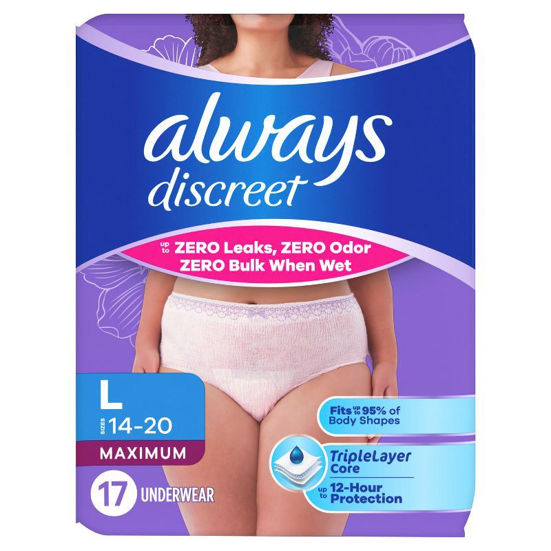 slide 12 of 12, Always Discreet Adult Postpartum Incontinence Underwear for Women - Maximum Protection - Maximum Large - 17ct, 17 ct