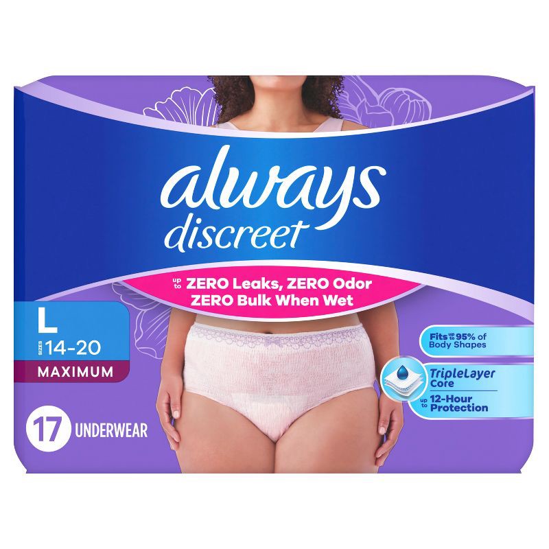 slide 11 of 12, Always Discreet Adult Postpartum Incontinence Underwear for Women - Maximum Protection - Maximum Large - 17ct, 17 ct