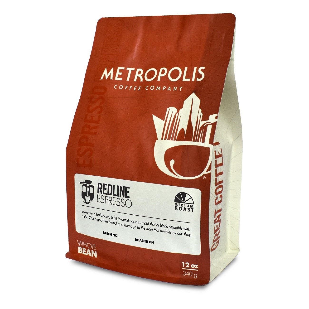 slide 1 of 4, Metropolis Redline Espresso Medium Dark Roast Whole Bean Coffee, 12 oz