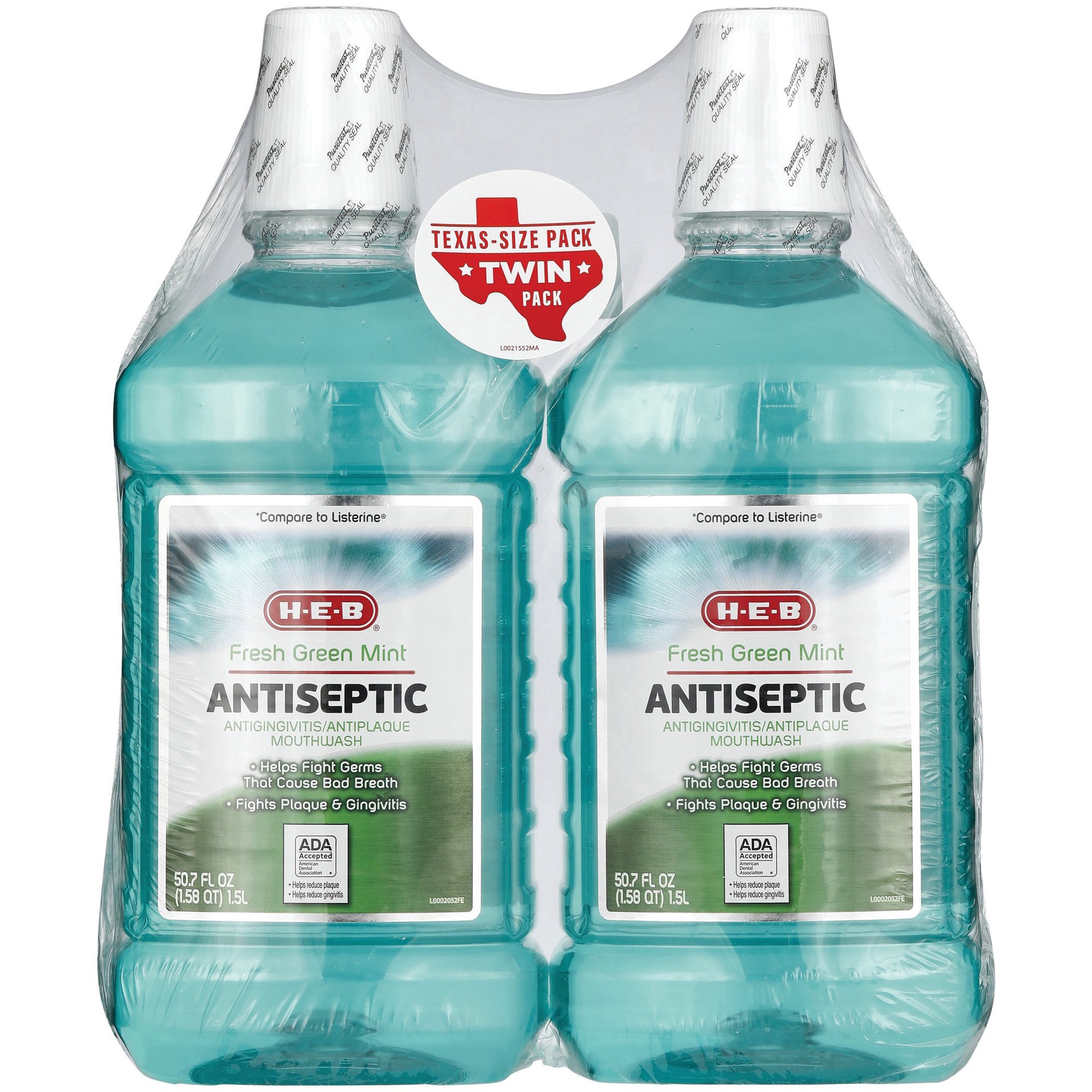 slide 1 of 1, H-E-B Fresh Green Mint Antiseptic Mouthwash Twin Pack, 3 liter