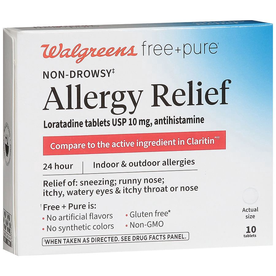 slide 5 of 5, Walgreens Free & Pure 24 Hour Allergy Relief Loratadine Dye-Free Tablets, 20 ct