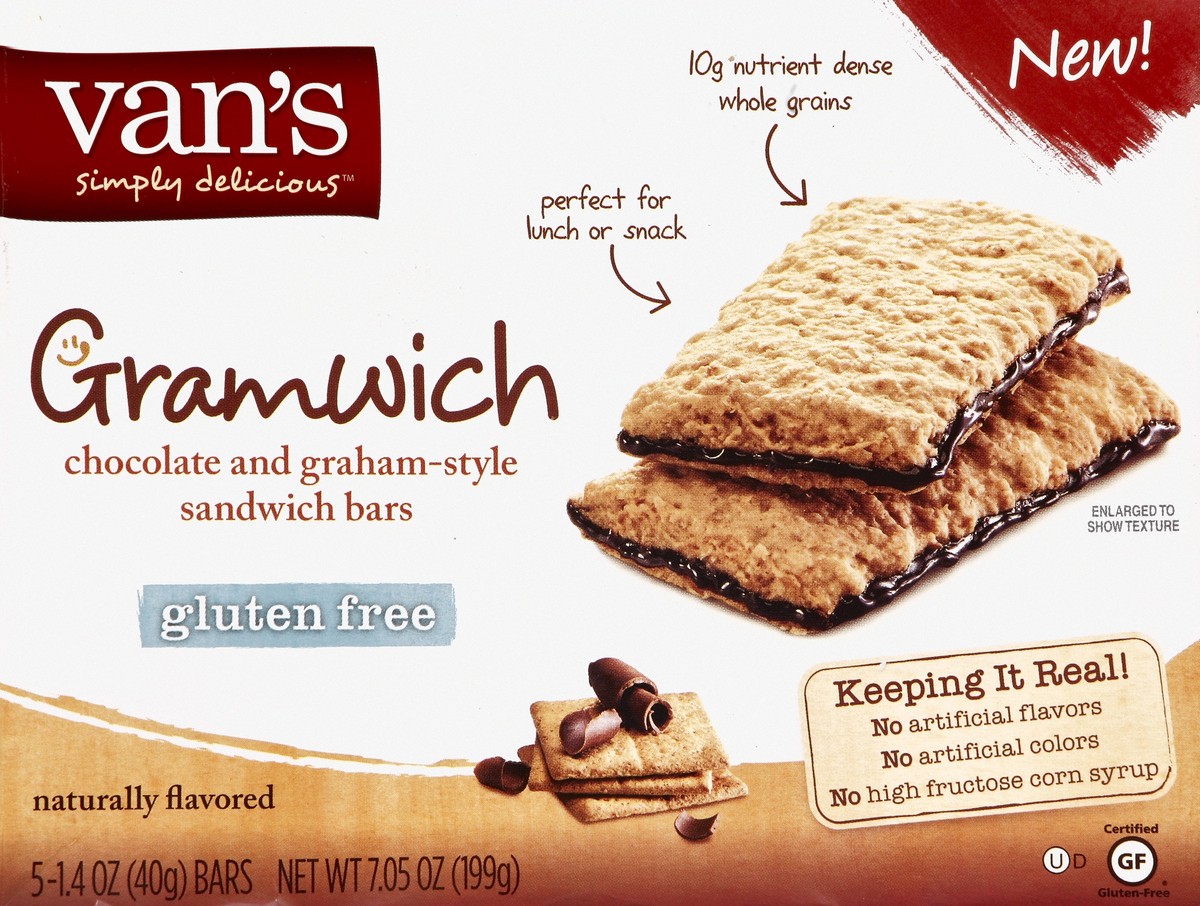 slide 4 of 4, Van's Gluten Free Chocolate Gramwich Snack Bars, 5 ct; 1.4 oz