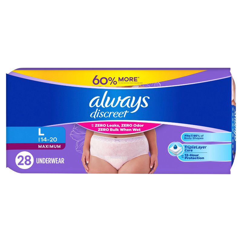 slide 12 of 12, Always Discreet Adult Postpartum Incontinence Underwear for Women - Maximum Protection - Large - 28ct, 28 ct