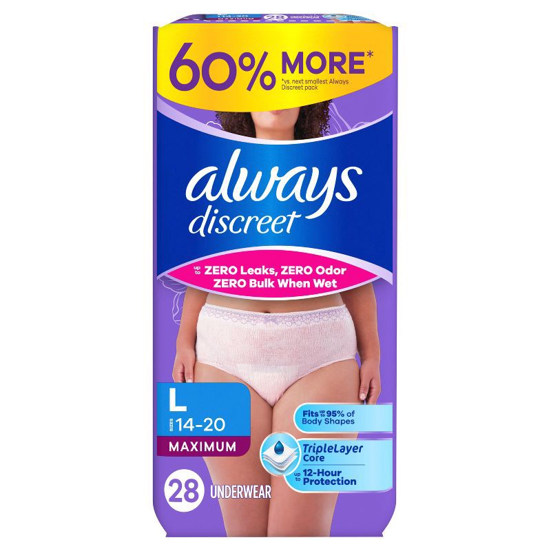 slide 11 of 12, Always Discreet Adult Postpartum Incontinence Underwear for Women - Maximum Protection - Large - 28ct, 28 ct