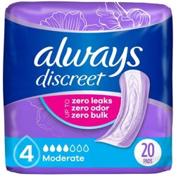 Always Discreet Incontinence & Postpartum Incontinence Pads for Women - Moderate Absorbency - Size 4 - 20ct