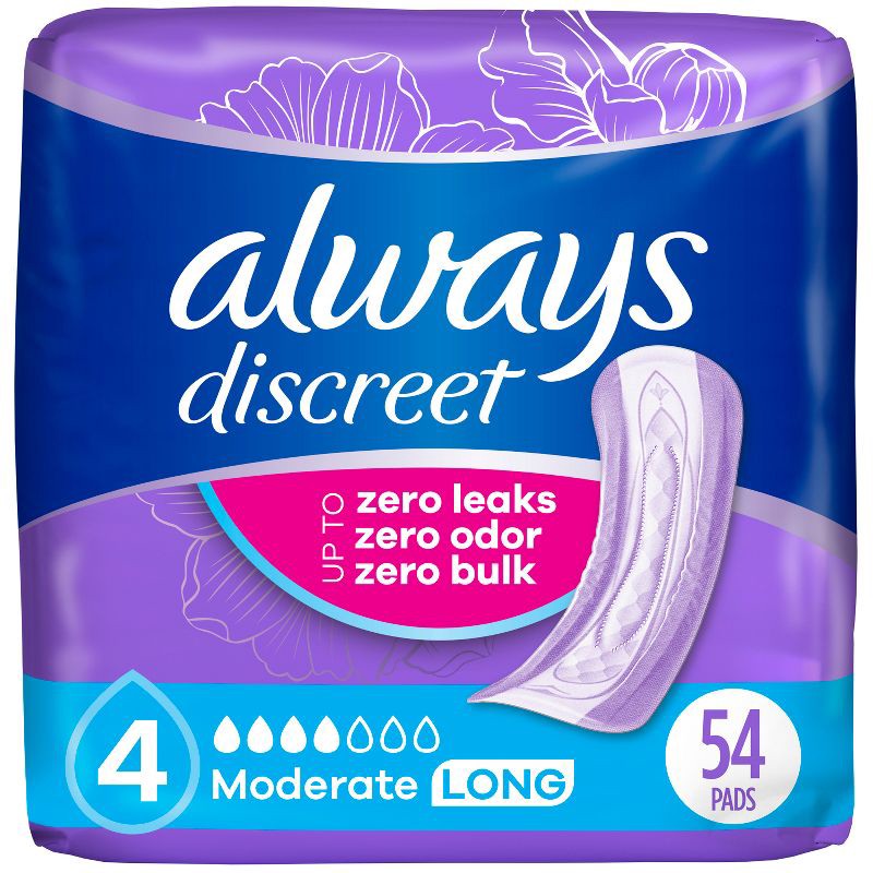 slide 1 of 10, Always Discreet Moderate Long Absorbency 4 Drop Base Pads - 54ct, 54 ct
