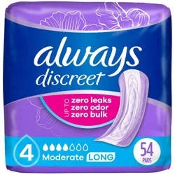 Always Discreet Moderate Long Absorbency 4 Drop Base Pads - 54ct