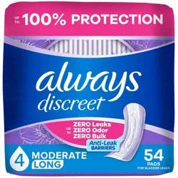 Always Discreet Moderate Long Absorbency 4 Drop Base Pads - 54ct
