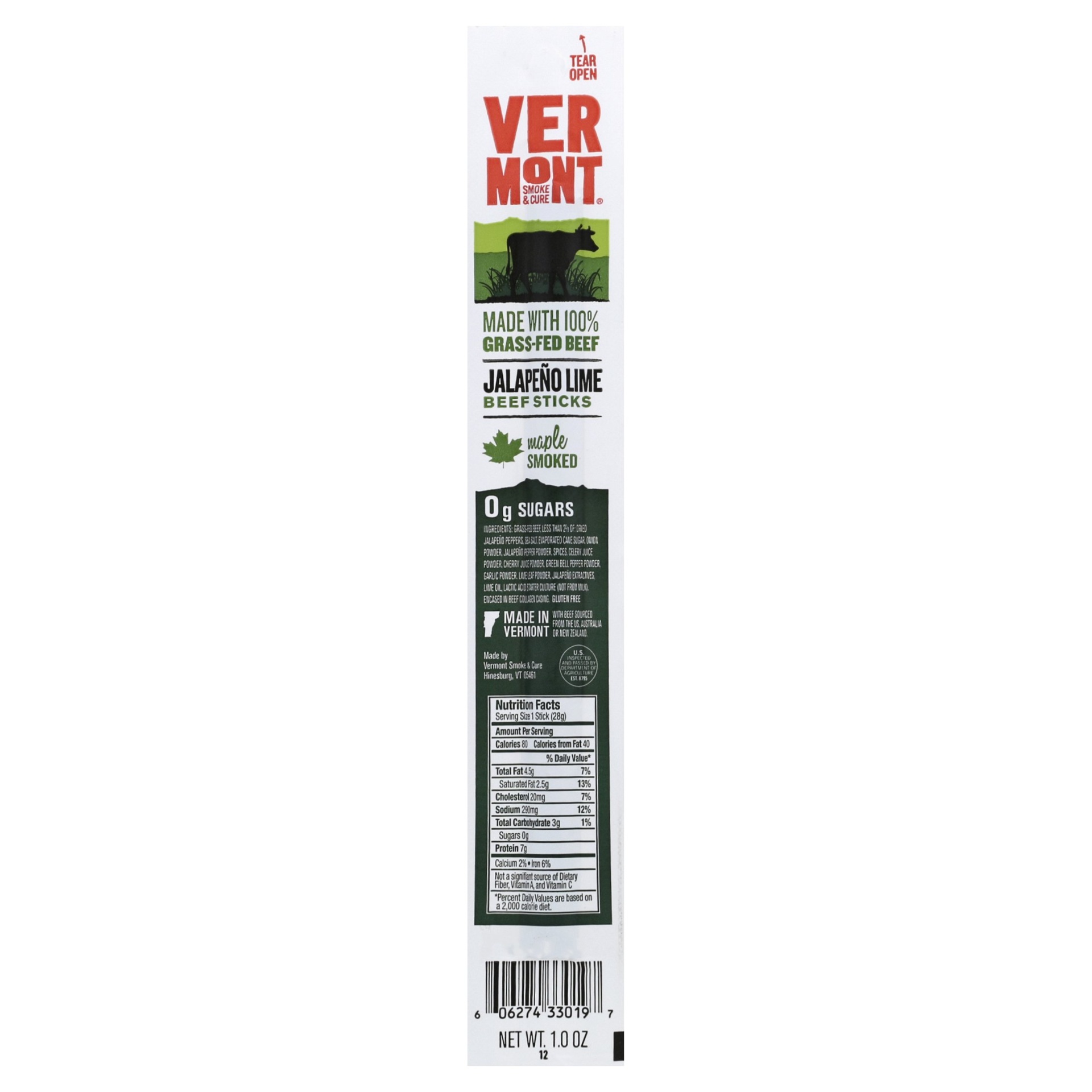 slide 1 of 5, Vermont Smoke & Cure Meat Sticks Jalapeno Lime Grass Fed, 1 oz