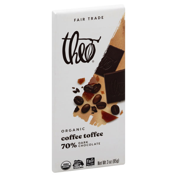 slide 1 of 1, Theo Chocolates Organic Coffee Toffee 70% Dark Chocolate Bar, 3 oz