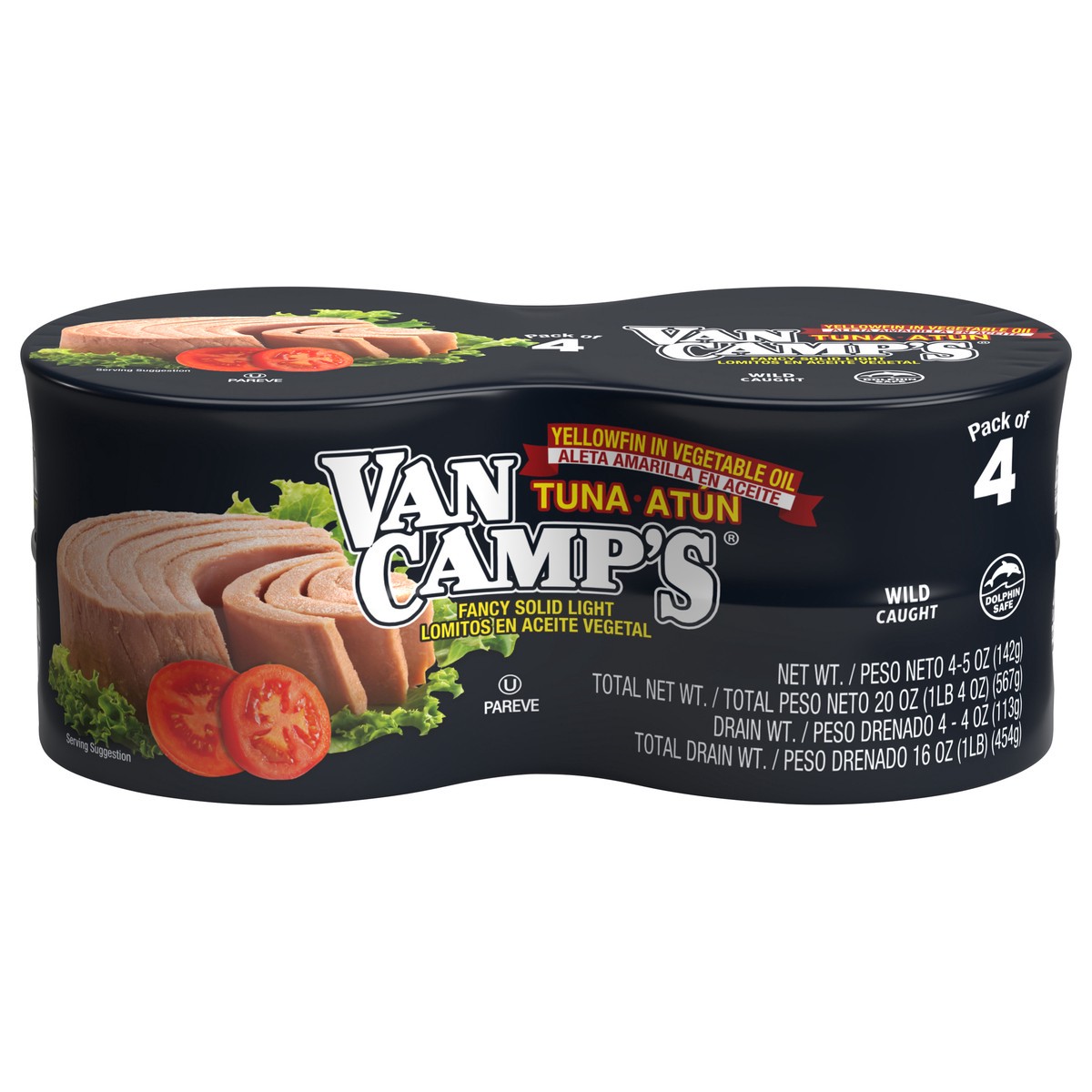 slide 1 of 9, Van Camp's Seafood Solid Light Yellowfin Tuna in Oil 4 - 5 oz Cans, 5 oz