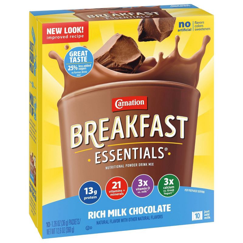 slide 2 of 7, Carnation Breakfast Essentials Powder Drink Mix Packets Rich Milk Chocolate - 12.6oz/10ct, 12.6 oz, 10 ct